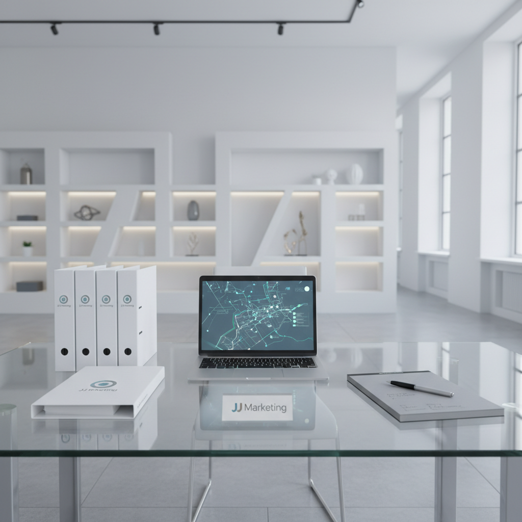 An elegant glass office desk with neatly arranged marketing materials—minimalist branded folders, an open laptop showing a map interface, and a matte silver pen resting on a gray notepad. The setting is an airy office with clean white walls and subtle geometric shelving in the background, giving the space an organized ambience. Cool, soft studio lighting enhances the neutral colors, casting gentle reflections and soft, controlled shadows on the desk surface. Captured from an eye-level composition with balanced framing, the mood is calm, focused, and professional, in line with JJ Marketing’s business-driven intent.