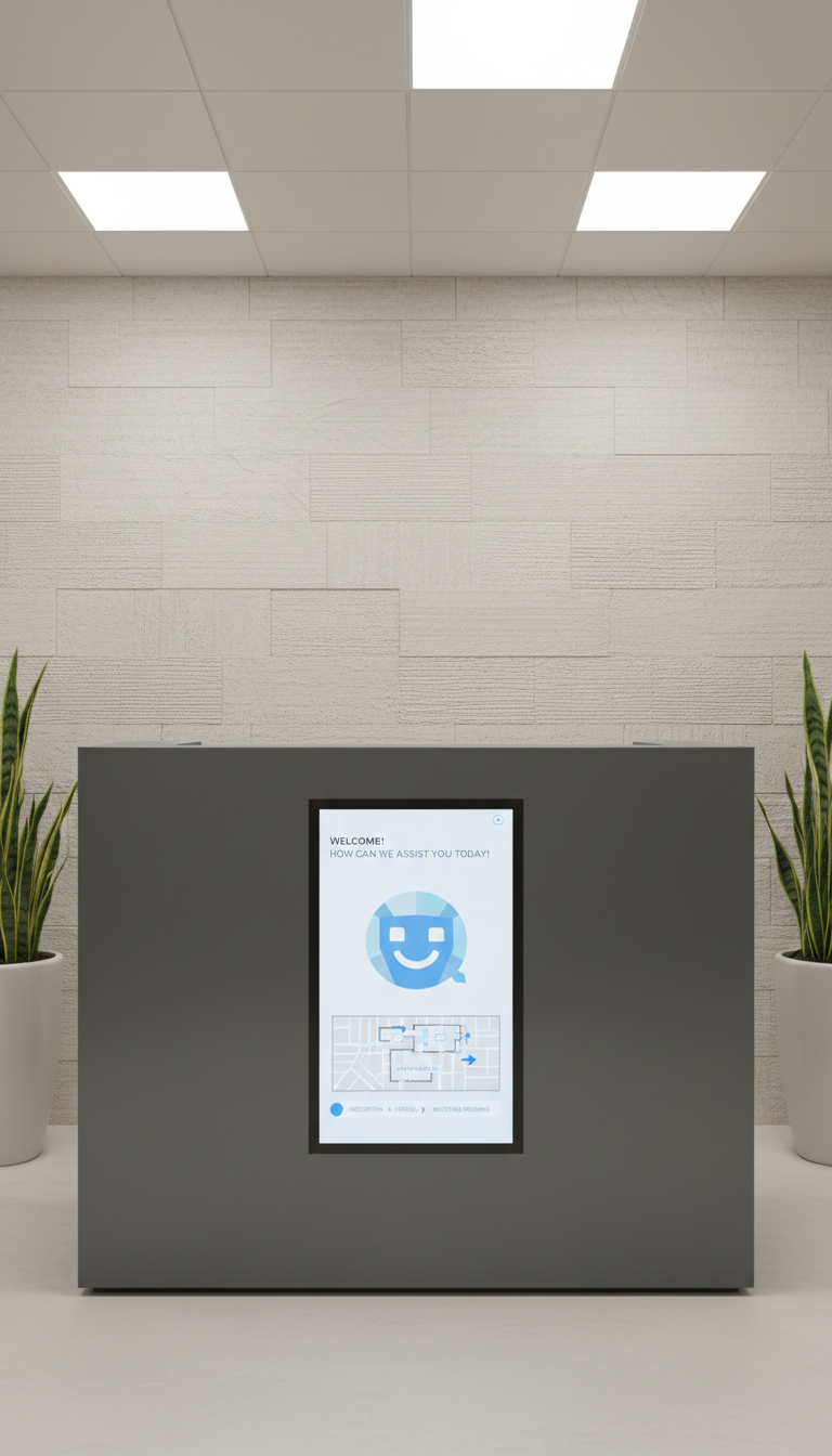 A modern, solid slate-gray reception counter with an embedded digital chatbot screen displaying a friendly welcome interface and location directions map. The counter sits against a backdrop of textured off-white wall panels, surrounded by structured indoor plants in minimalist ceramic planters. Crisp, balanced artificial ceiling lighting bathes the entire scene, creating subtle highlights on the chatbot screen and soft shadows at the base of the counter. Shot from a slightly elevated angle, the composition uses the rule of thirds for harmonious balance. The image projects efficiency and sophistication with a clean, business-oriented photographic style.